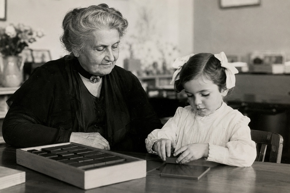 María Montessori el clase con una niña